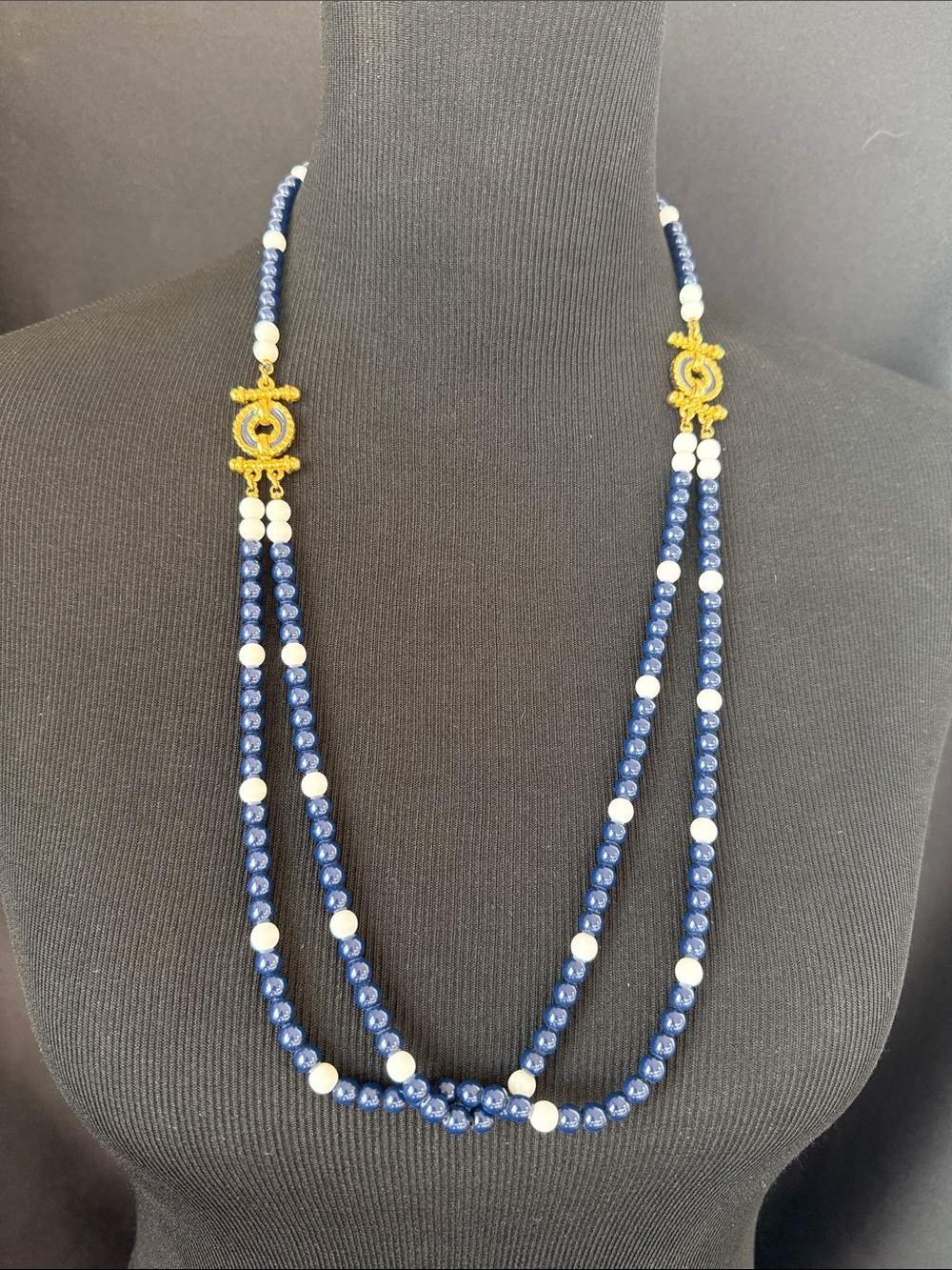 Vintage Monet Blue and White Double-Strand Beaded Necklace nautical themed